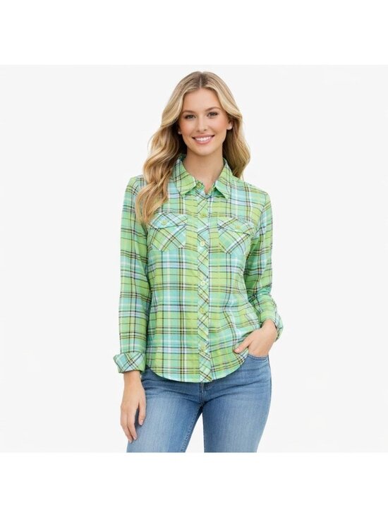 Christopher & Banks Tops - Christopher & Banks Button Down Shirt M Plaid Long Sleeves Green Blue Western